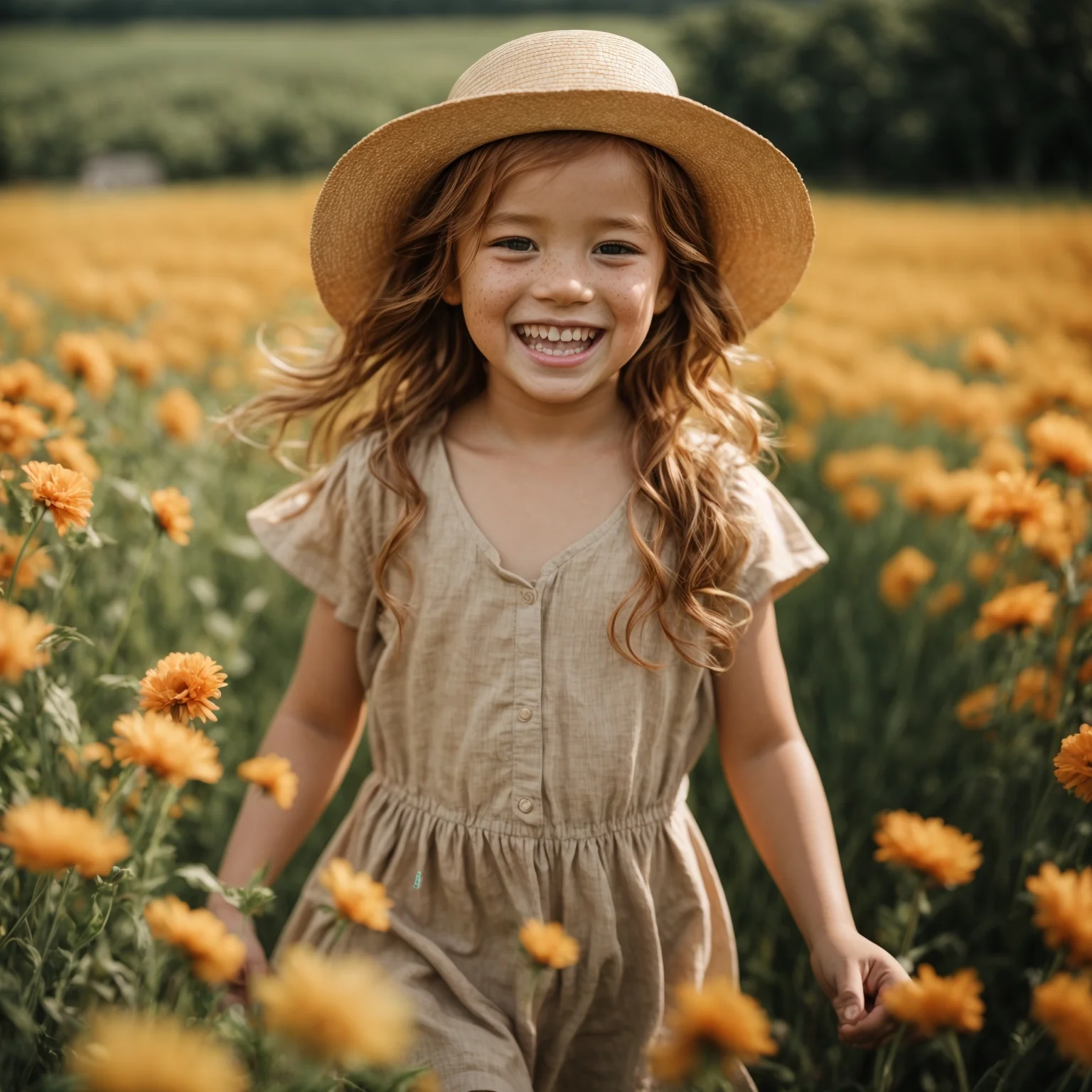 girl in a field of orange flowers
