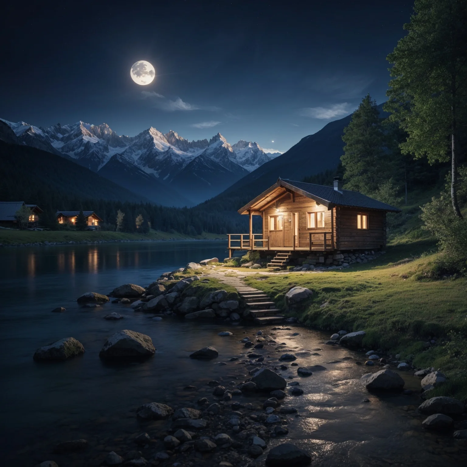 a calm landscape with a house by the river in mountains