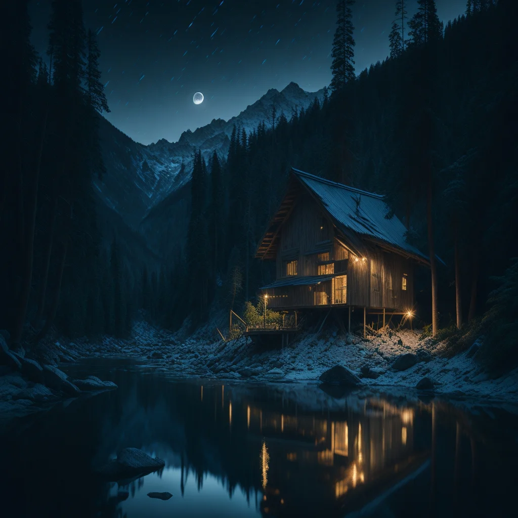 ai generated moody landscape with a house by the river in mountains