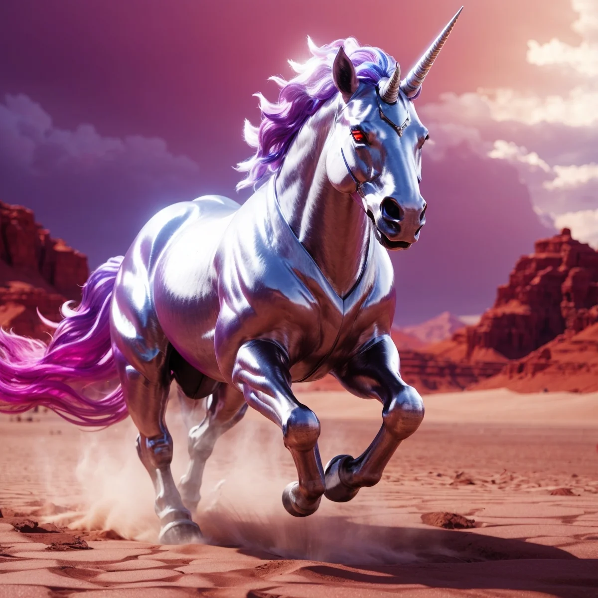ai generated pink silver unicorn in a desert