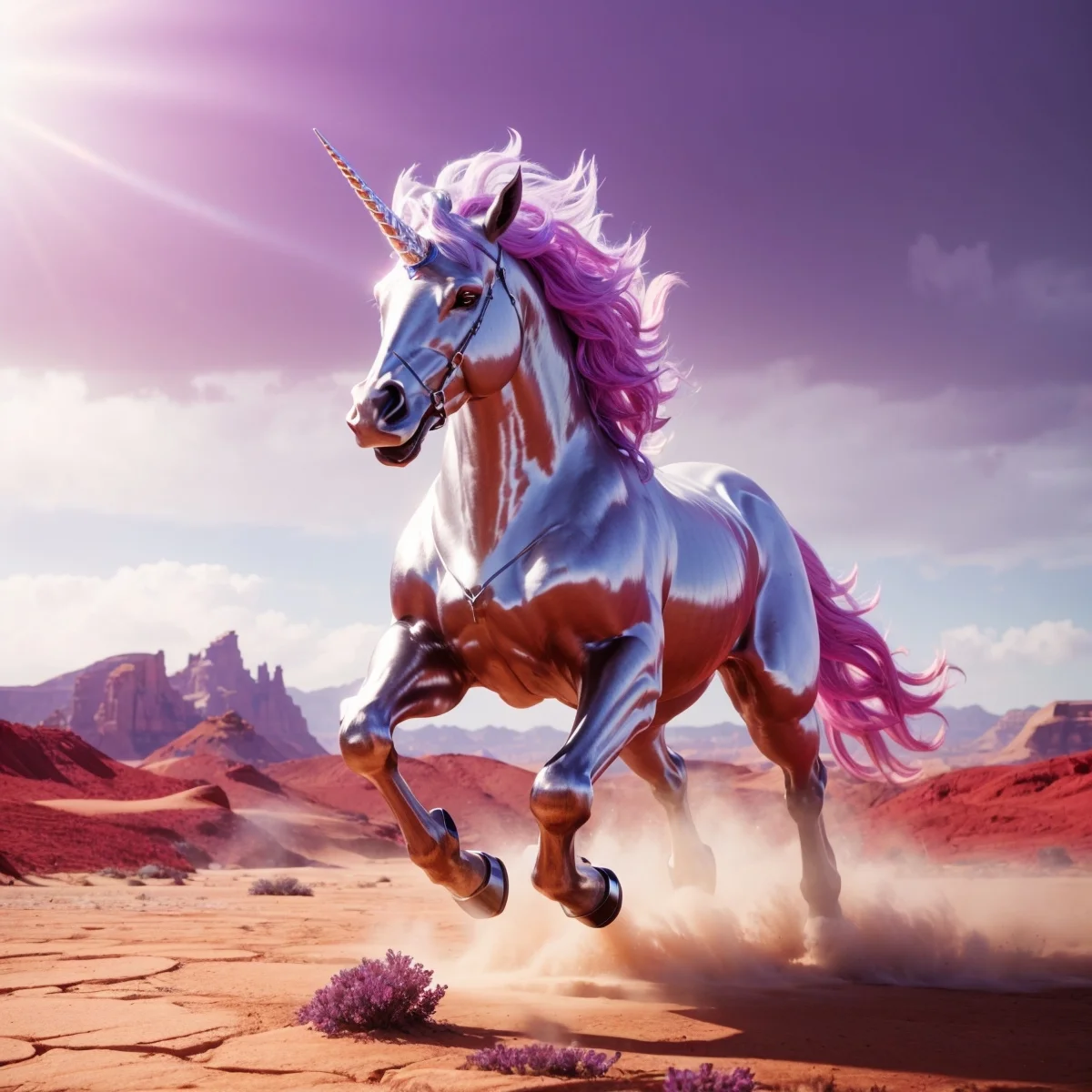 ai generated pink silver unicorn in a desert with a beam of sunlight