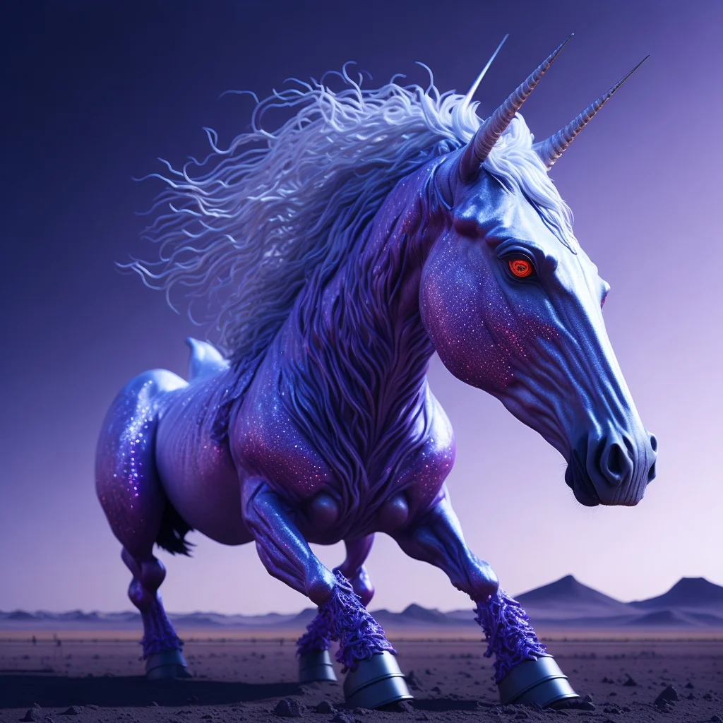 ai generated moody pink silver unicorn in a desert