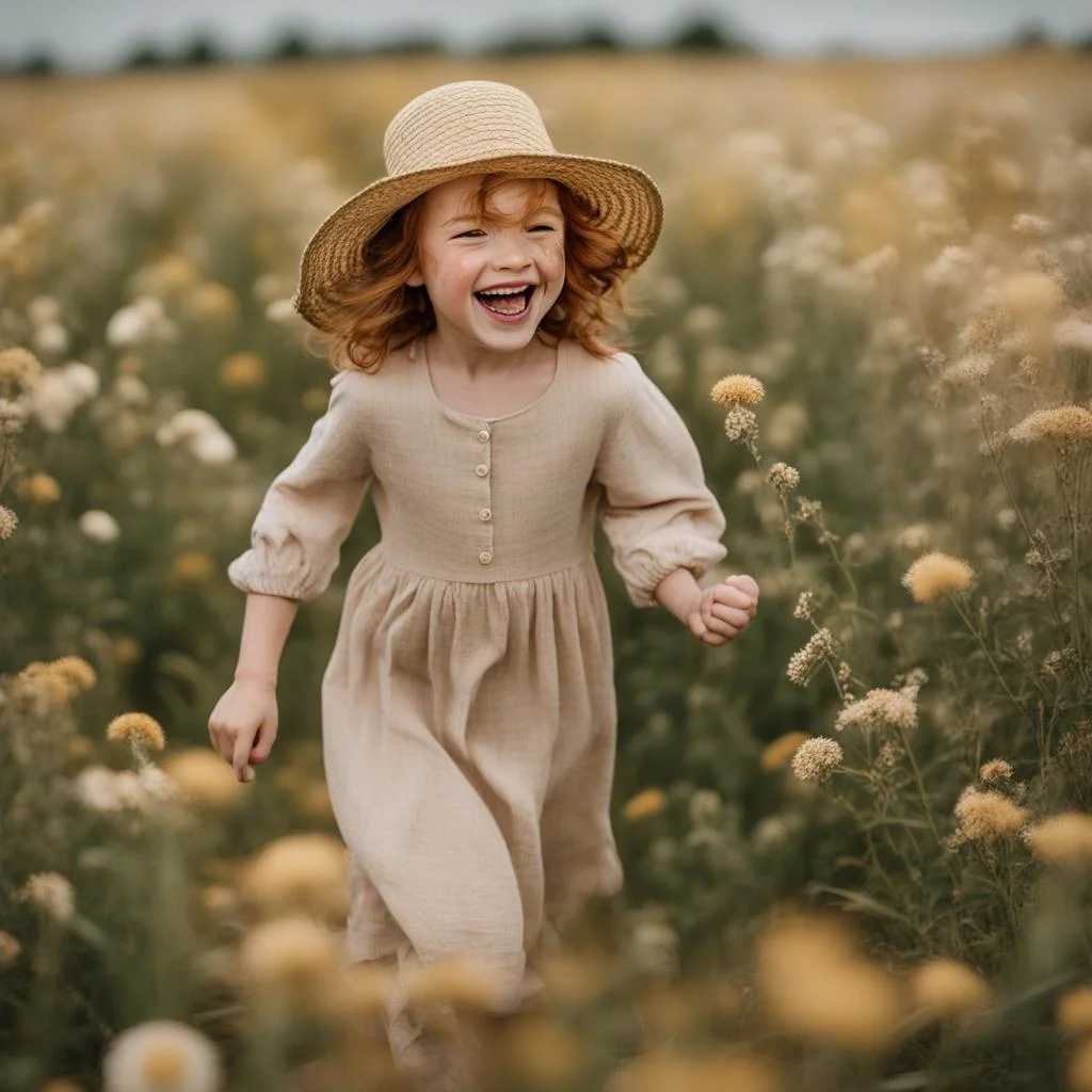 little girl smiling running in a field of flowers in a linen dress with a hat on