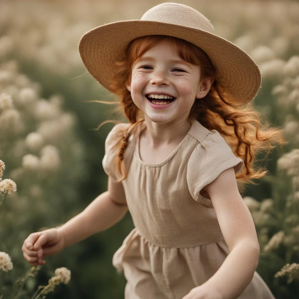 portrait of a little girl in a field smiling in a linen dress with a hat on