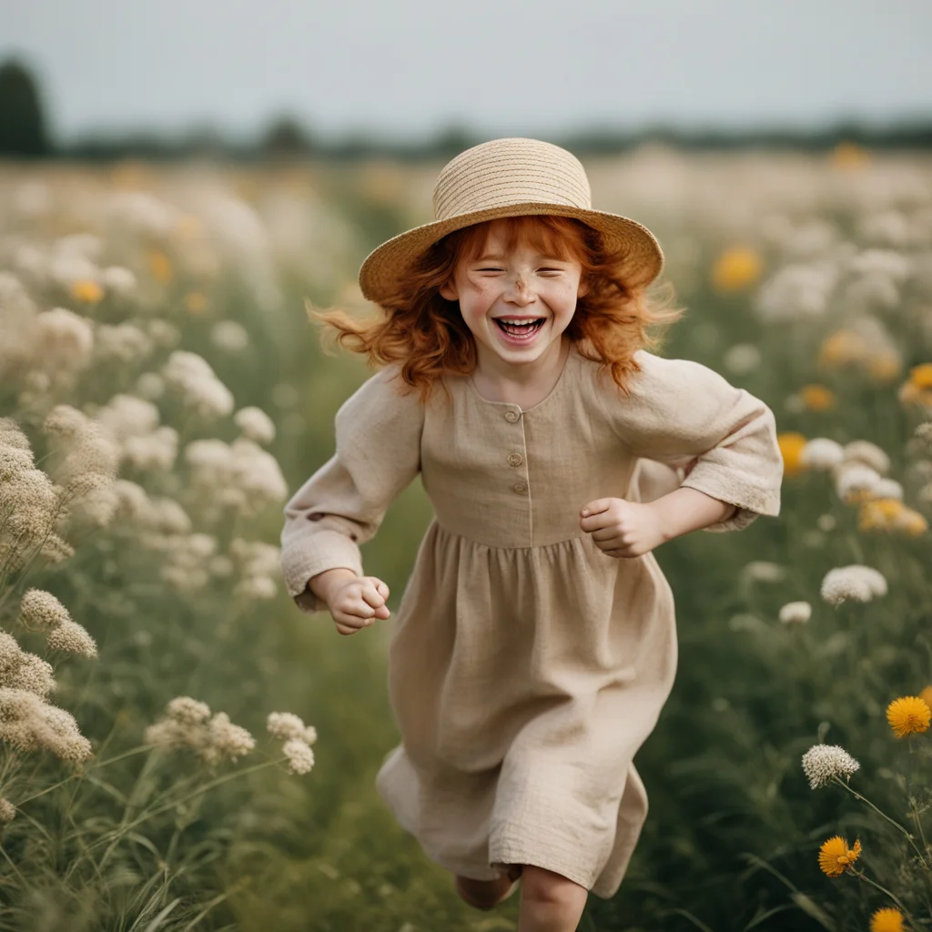 a little girl in a field smiling in a linen long-sleeved dress with a hat on