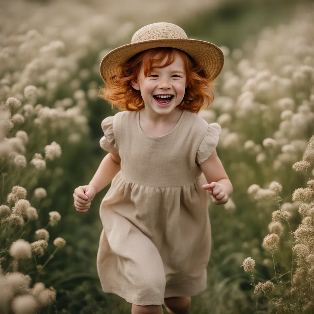 a little redheaded girl in a field smiling in a linen long-sleeved dress with a hat on