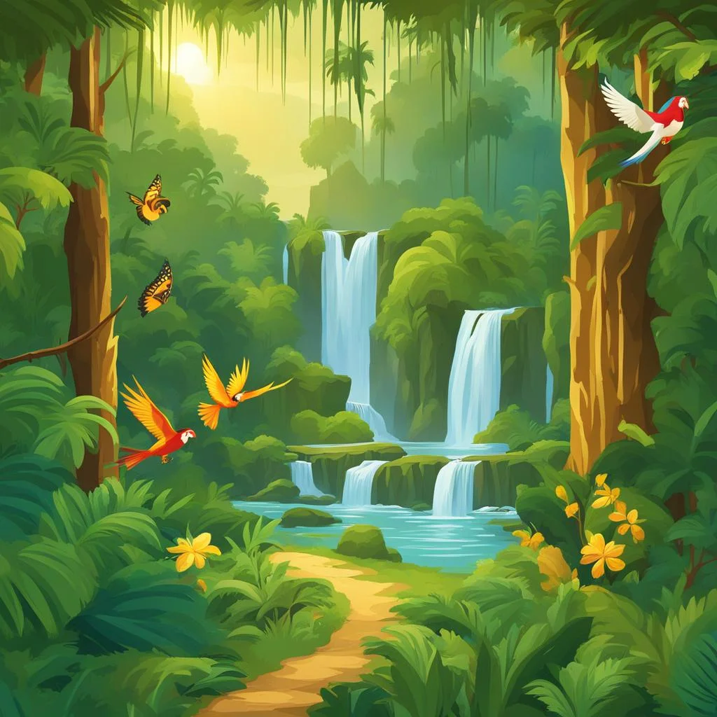 2D cartoon landscape of a rainforest with a waterfall