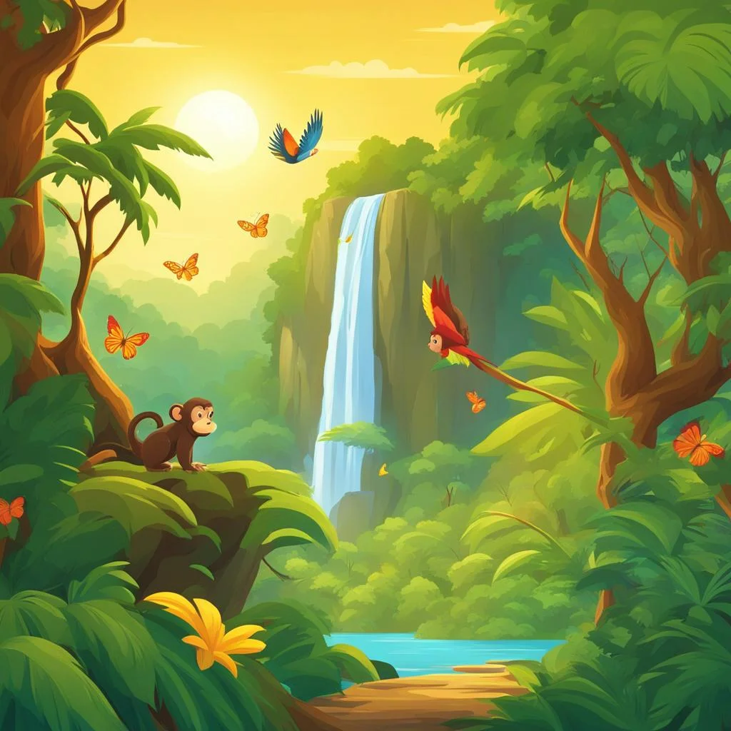 2D cartoon landscape of a rainforest with a waterfall with a monkey