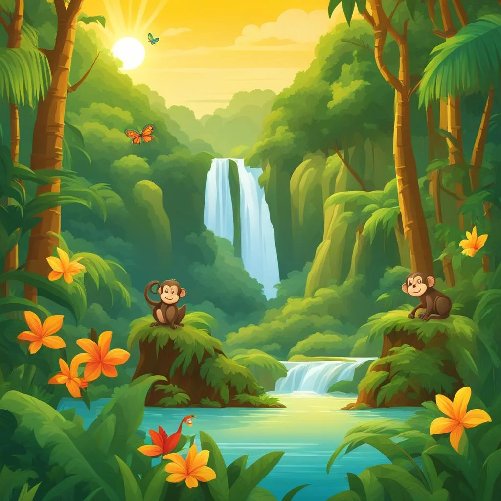 2D cartoon landscape of a rainforest with a waterfall, two cute monkeys