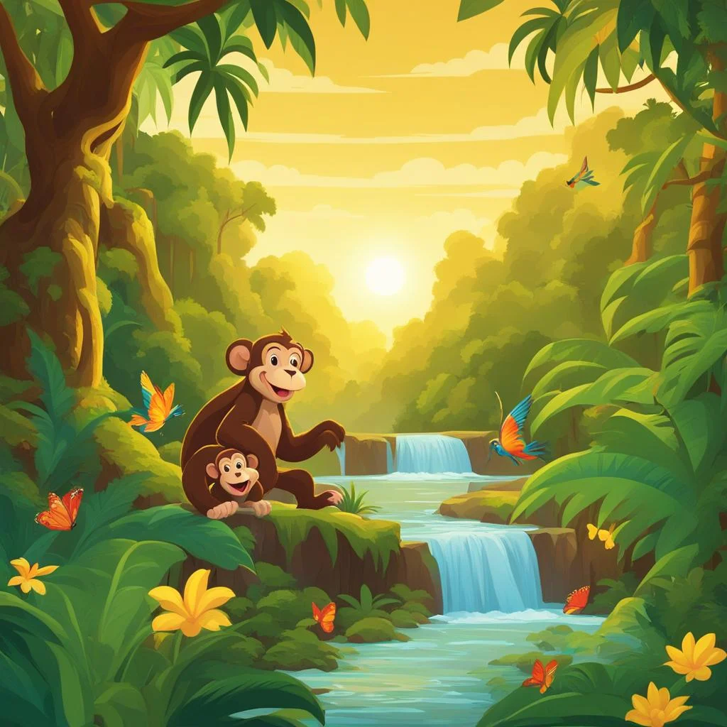 2D cartoon landscape of a rainforest with a waterfall, two cute monkeys, parrots, and butterflies flying in the sky, golden sunbeams, 2D classic Disney cartoon style