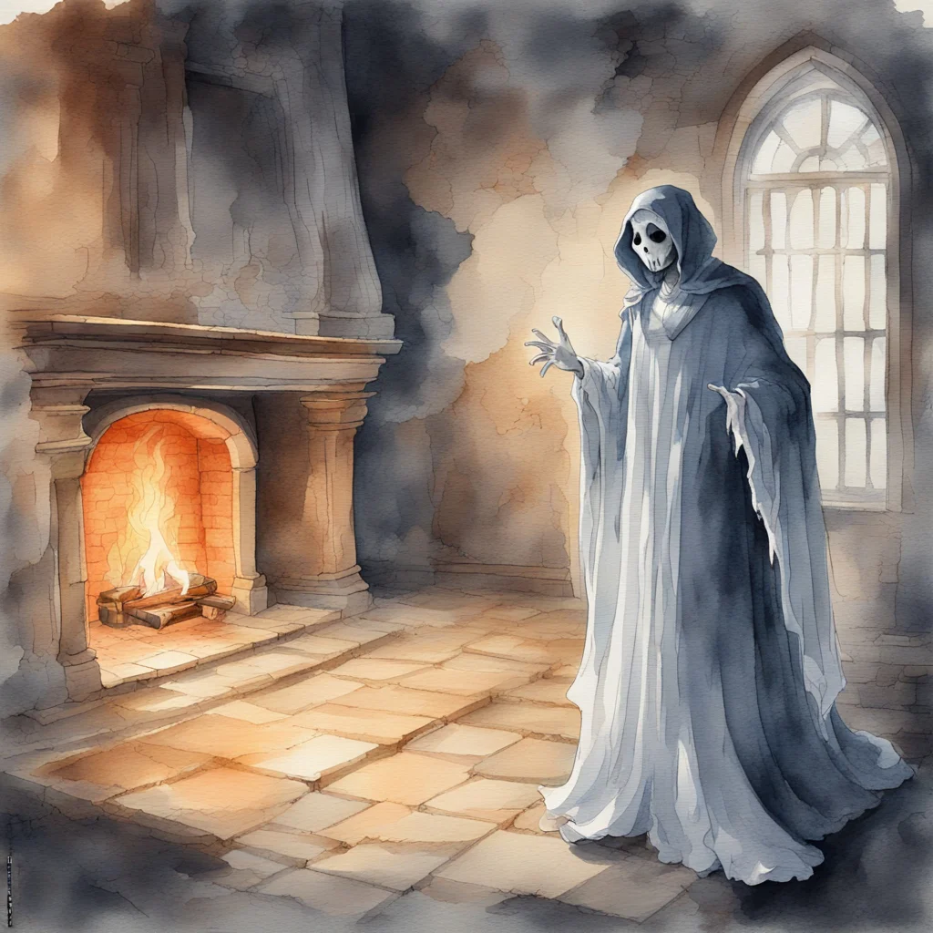 watercolor painting of a ghost in a castle near the fire place