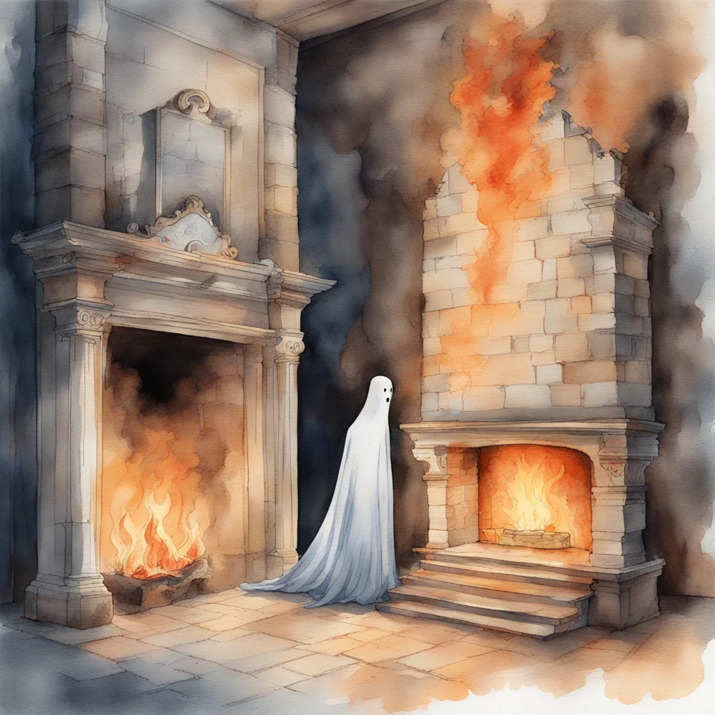 watercolor painting of a ghost in a castle surrounded by fire