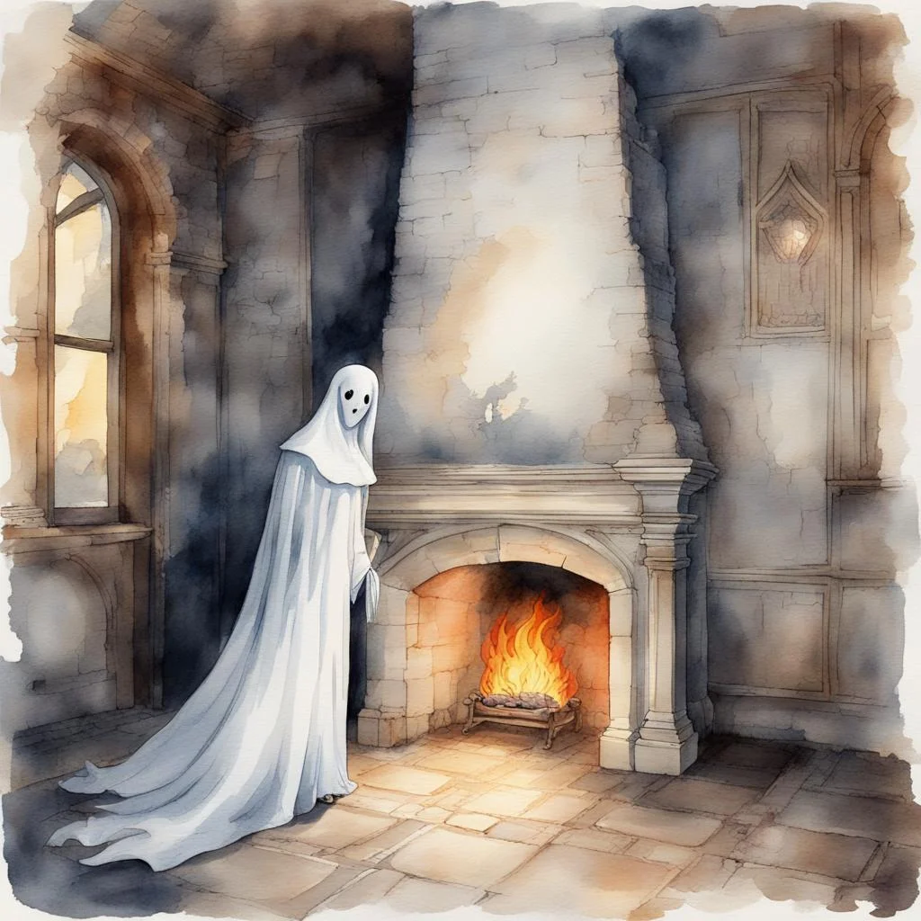 watercolor of a ghost in a castle near the fire place