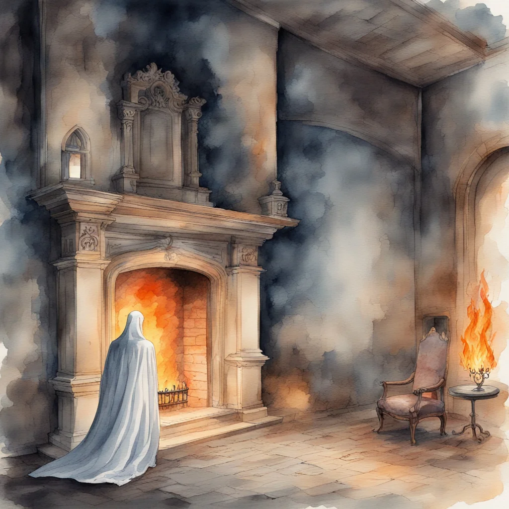 watercolor painting of a ghost in a castle near the fire place