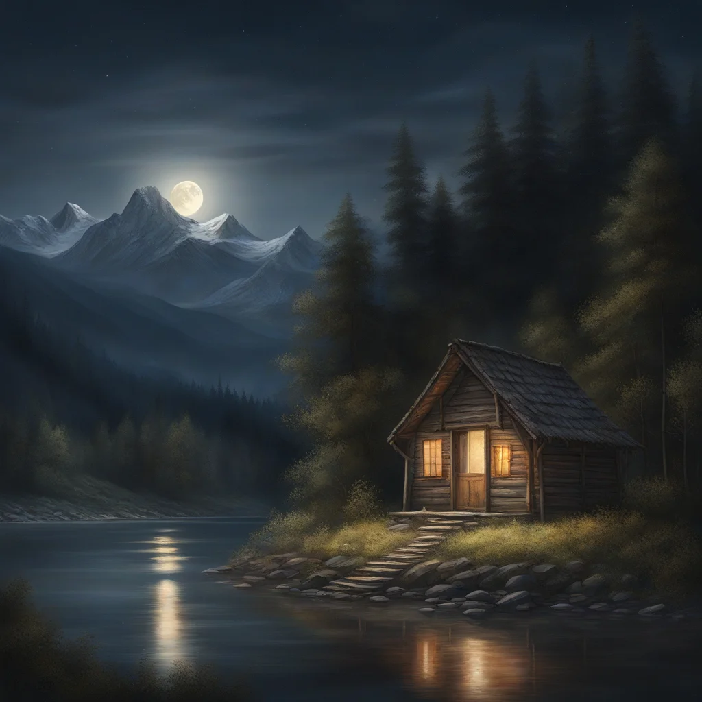 a small house by the river at night with mountains