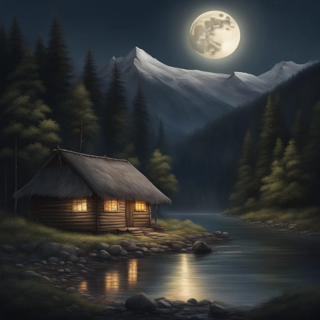a small house by the river with mountains and moon in a background