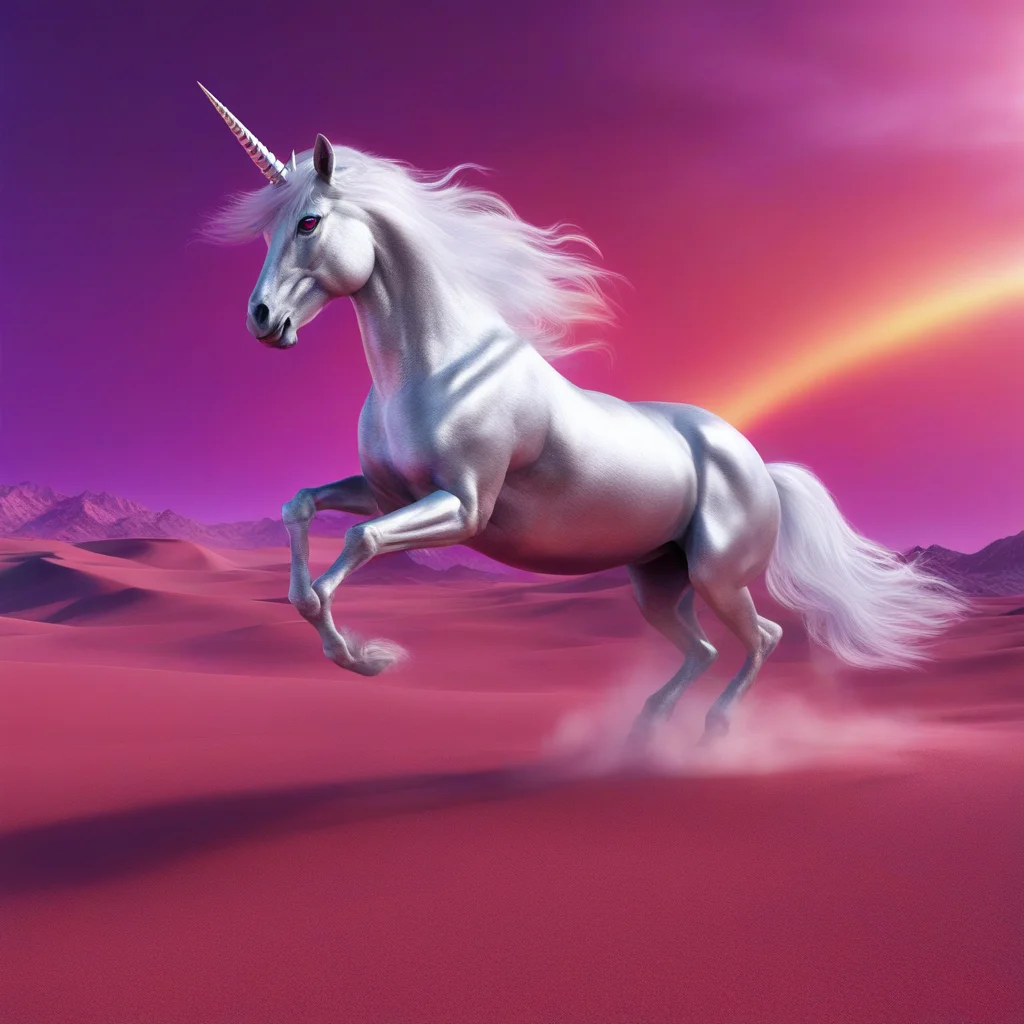 unicorn running in a pink desert with a ray of light