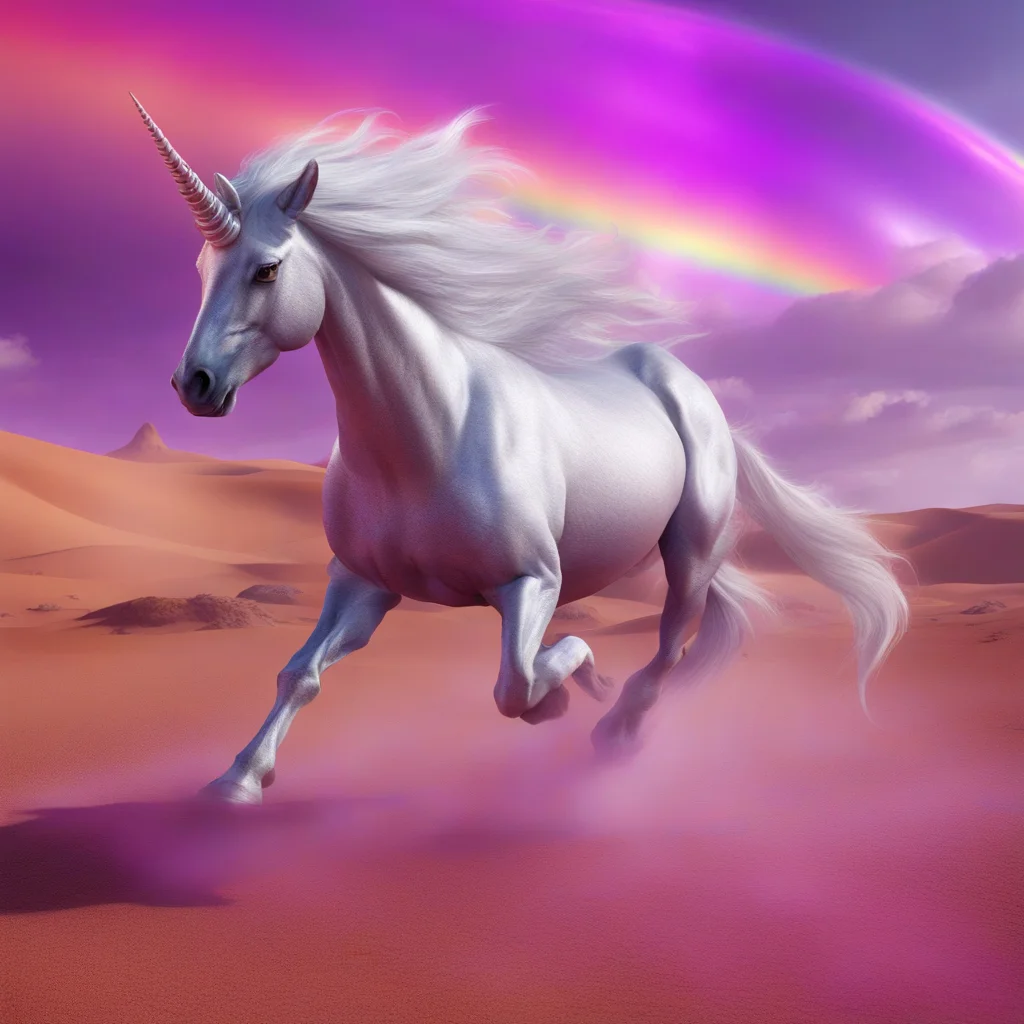 unicorn running in a pink desert with rainbow and clouds in a background 