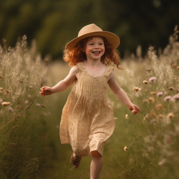 ginger girl in a linen dress runs through the field with a hat on