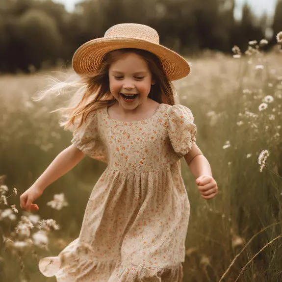 blonde girl in a cotton dress runs through the field with a hat on