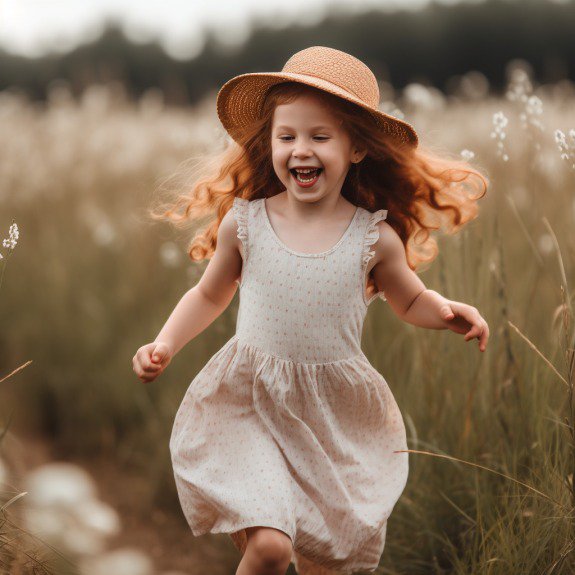 a girl with curly hair in a dress runs through the field with a hat on