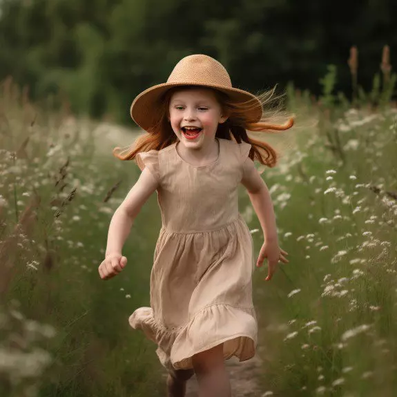 ai generated girl in a linen dress runs through the field with a hat on