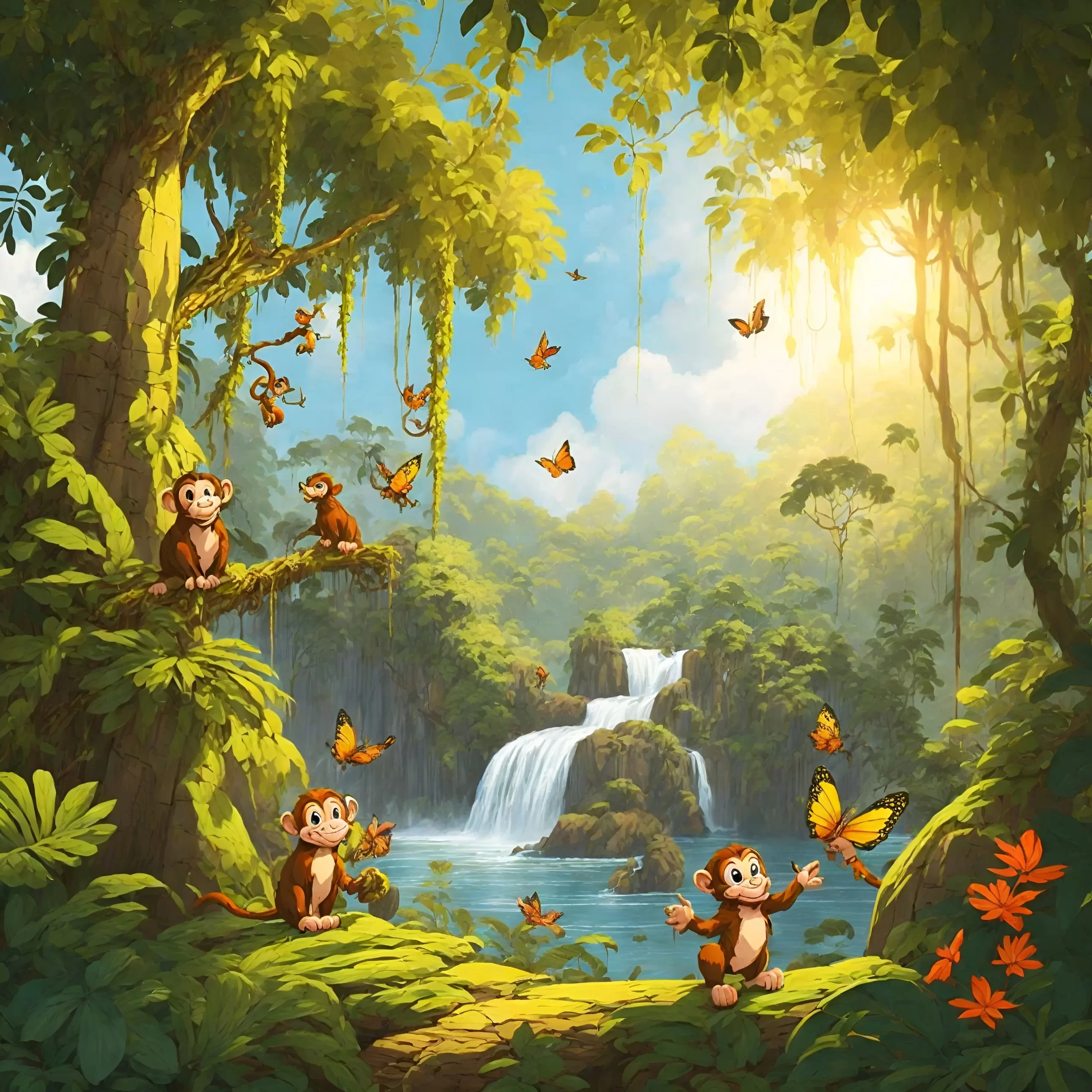 ai generated 2d cartoon picture of a rainforest with a waterfall