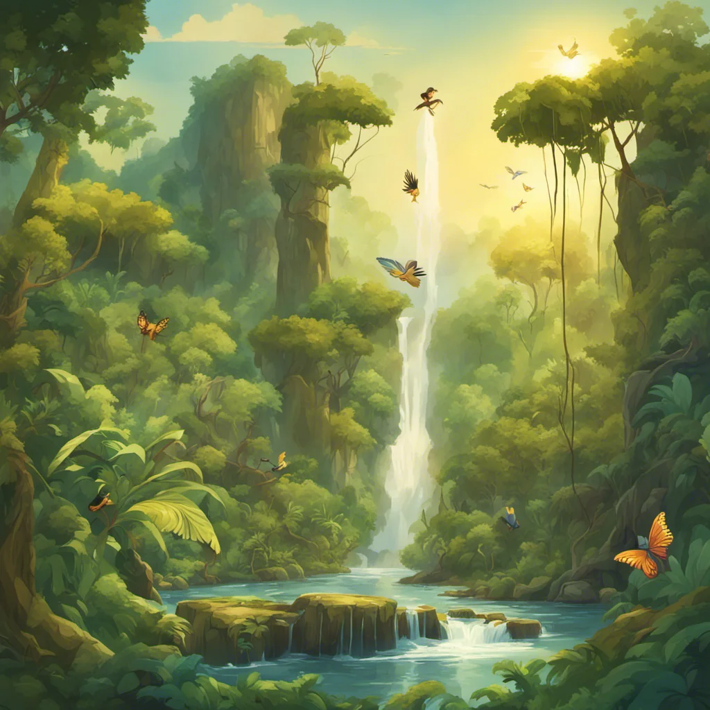 old Disney 2D cartoon style illustration of a rainforest