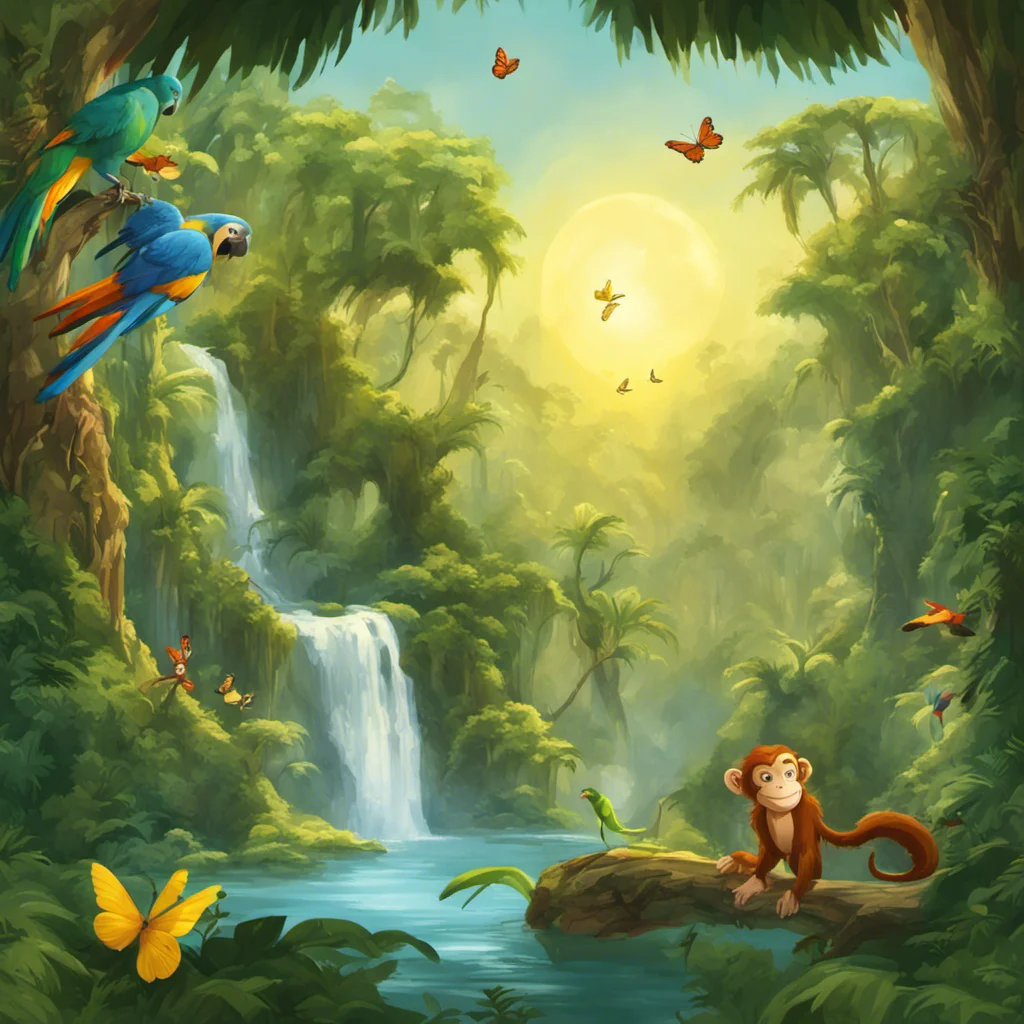 ai generated disney rainforest with parrots and a monkey