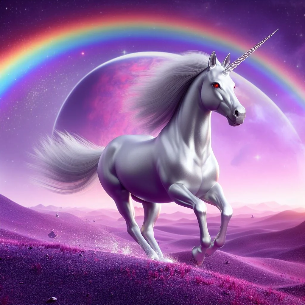 a unicorn in a pink desert with planets and rainbow