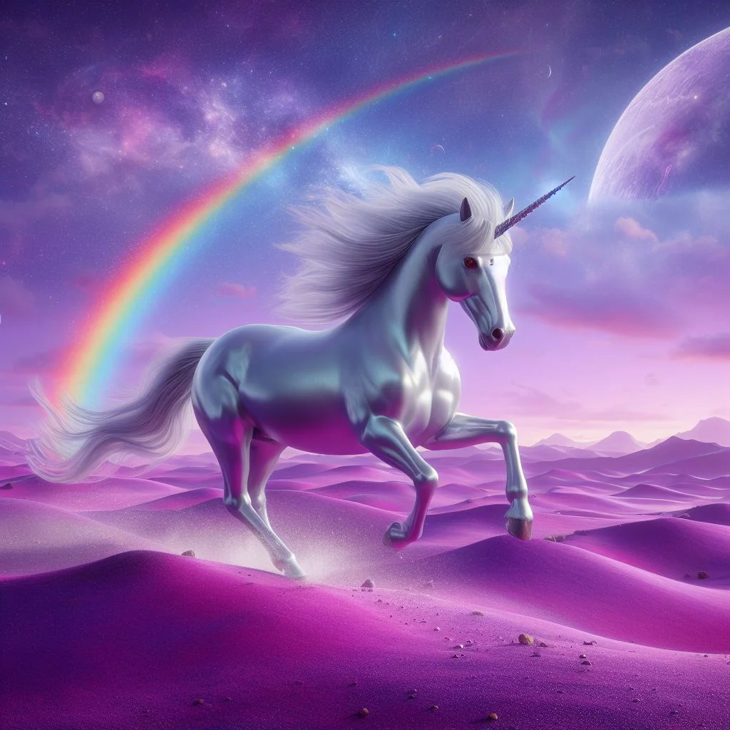 a unicorn in a pink desert with planets and rainbow