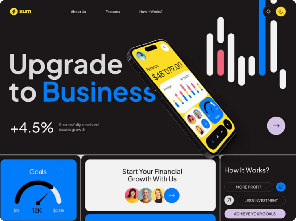 design concept for a fintech service with a red-blue-yellow color scheme on a black background by Anastasia Golovko