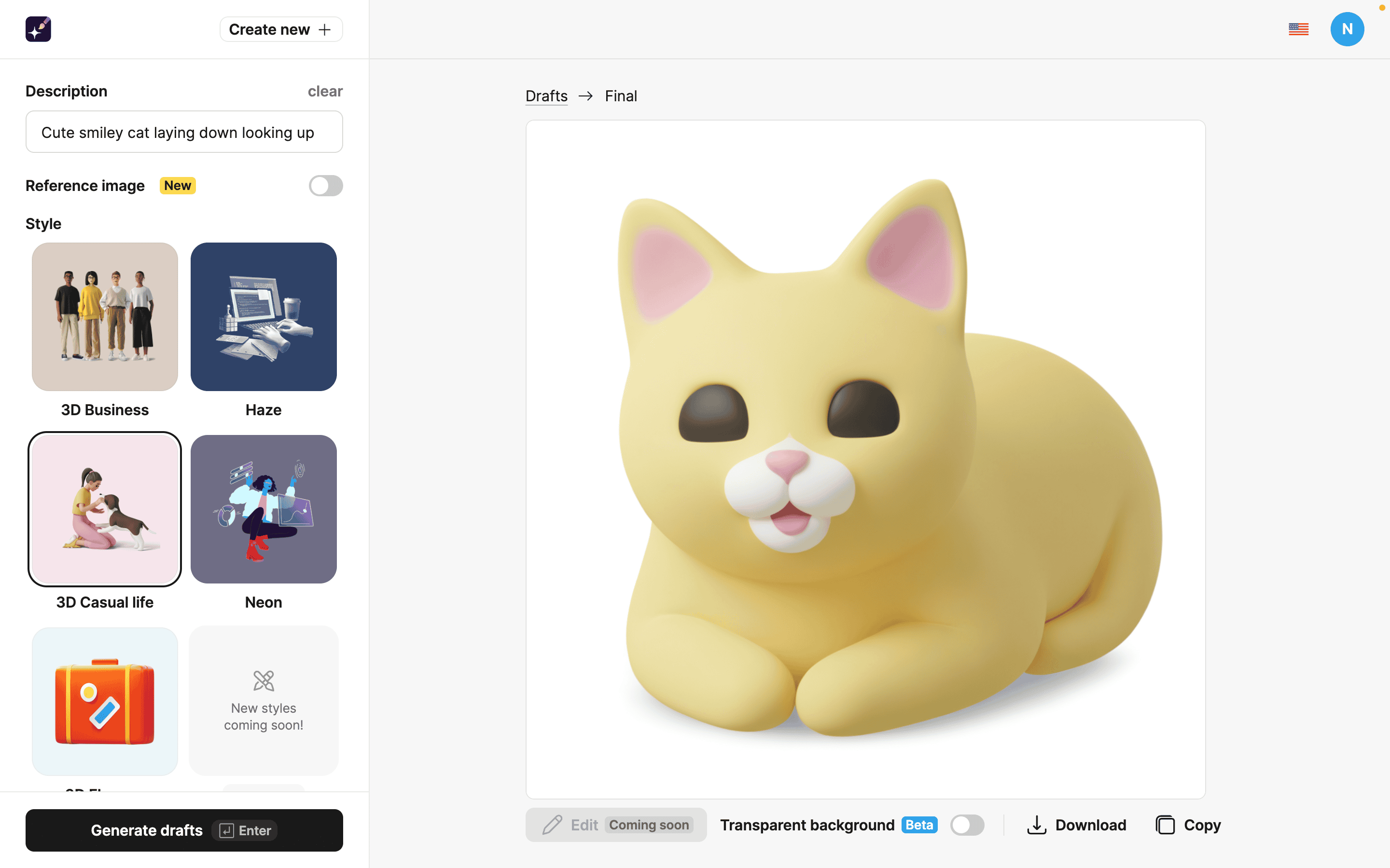 3D Casual Life generated final result of a cat laying down