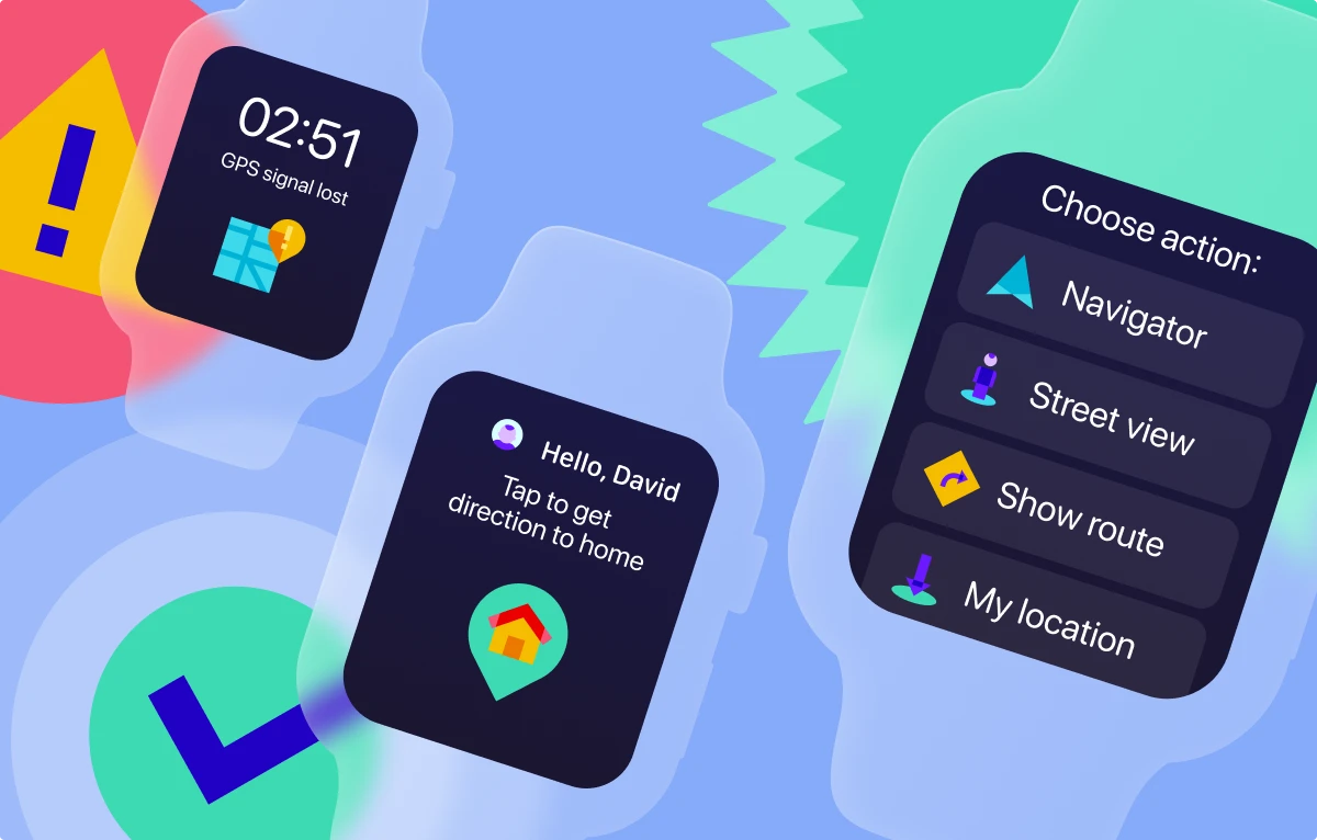 Color Glass location icons in smart watch dark mode interface concept 