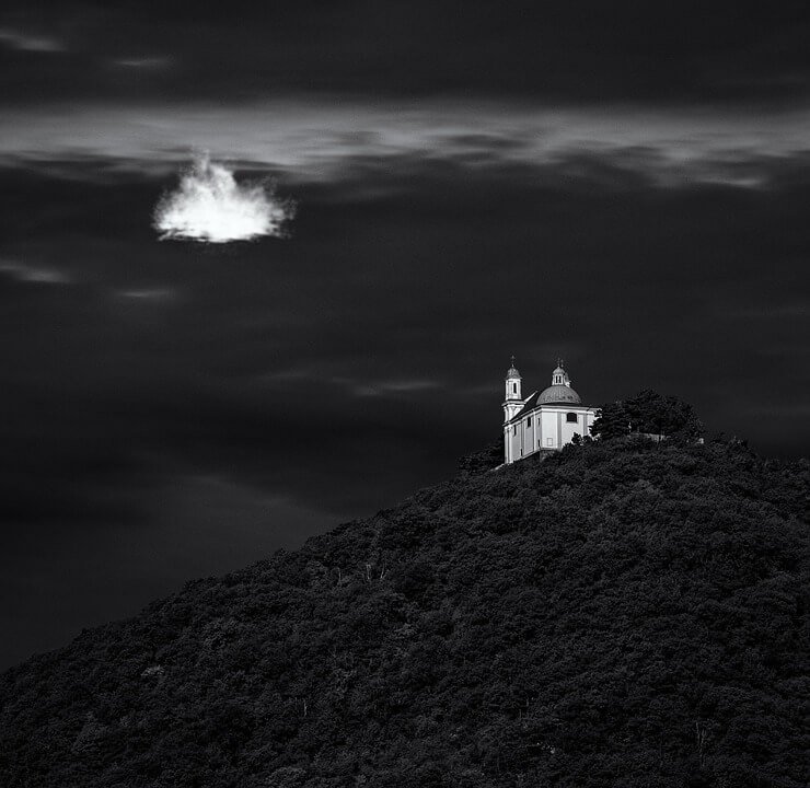 black and white cloud house